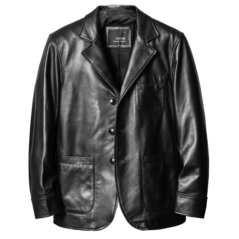 Black Autumn Leather Jacket Men Smart Casual Style Plus Size 4XL Natural Sheepskin Double Pockets Genuine Leather Coat