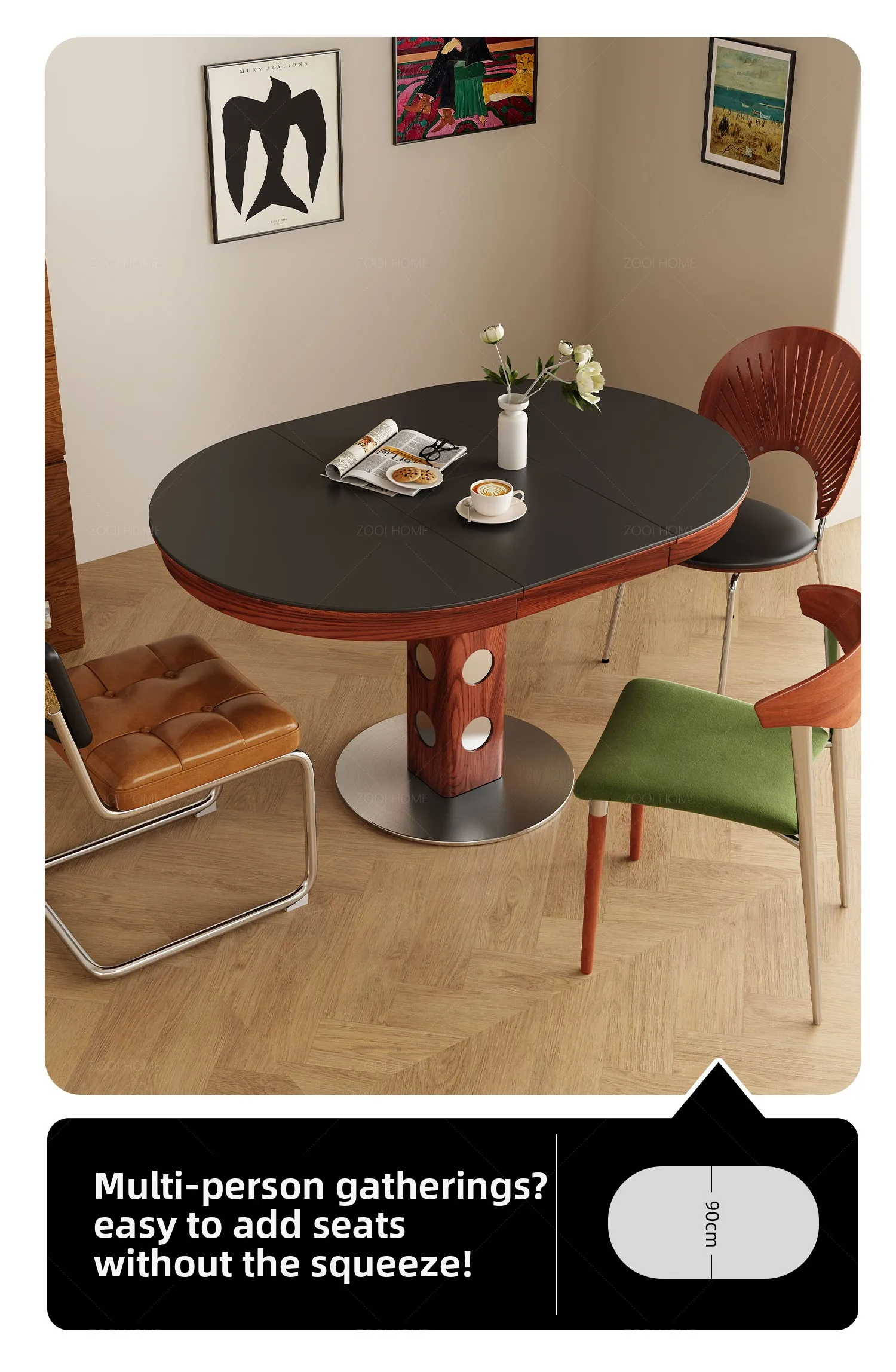 طاولة طعام قابلة للسحب بيضاوية قابلة للطي من ألواح الصخور، شقة منزلية صغيرة، طاولة مستديرة من القرون الوسطى من باوهاوس