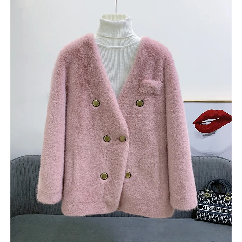 2023 Winter Jackets Women Imitation Mink Fur Faux Fur Coat Fabric Thick Warm Outerwear Oversize Fashion Streetwear V-neck Coats