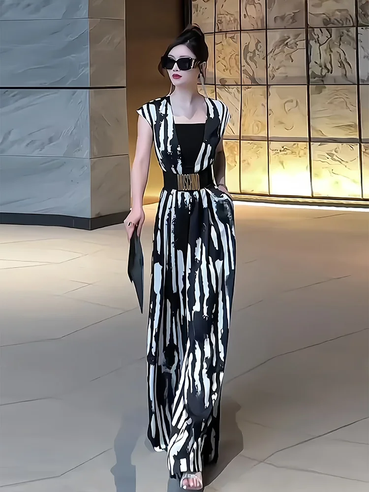 

Летний комбинезон 2026: Новинка! Модный повседневный комбинезон с завышенной талией, принтом и драпировкой, на молнии, с широкими штанинами, для офиса и повседневной носки.