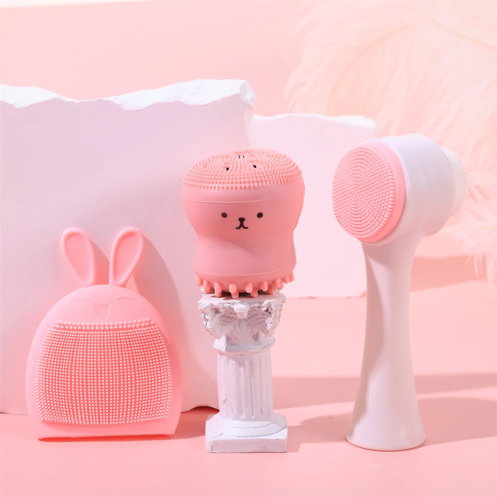 Face wash and massage tool set: 1 with handle, 1 rabbit shape, 1 octopus shape, face wash brush (3 pieces)