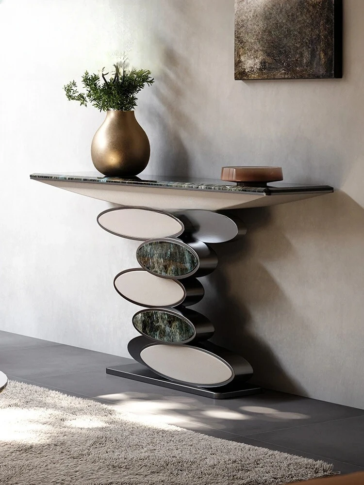 A  Natural Marble Console Tables Living Room Stainless Steel Integrated Wall a Long Narrow Table Side View Console