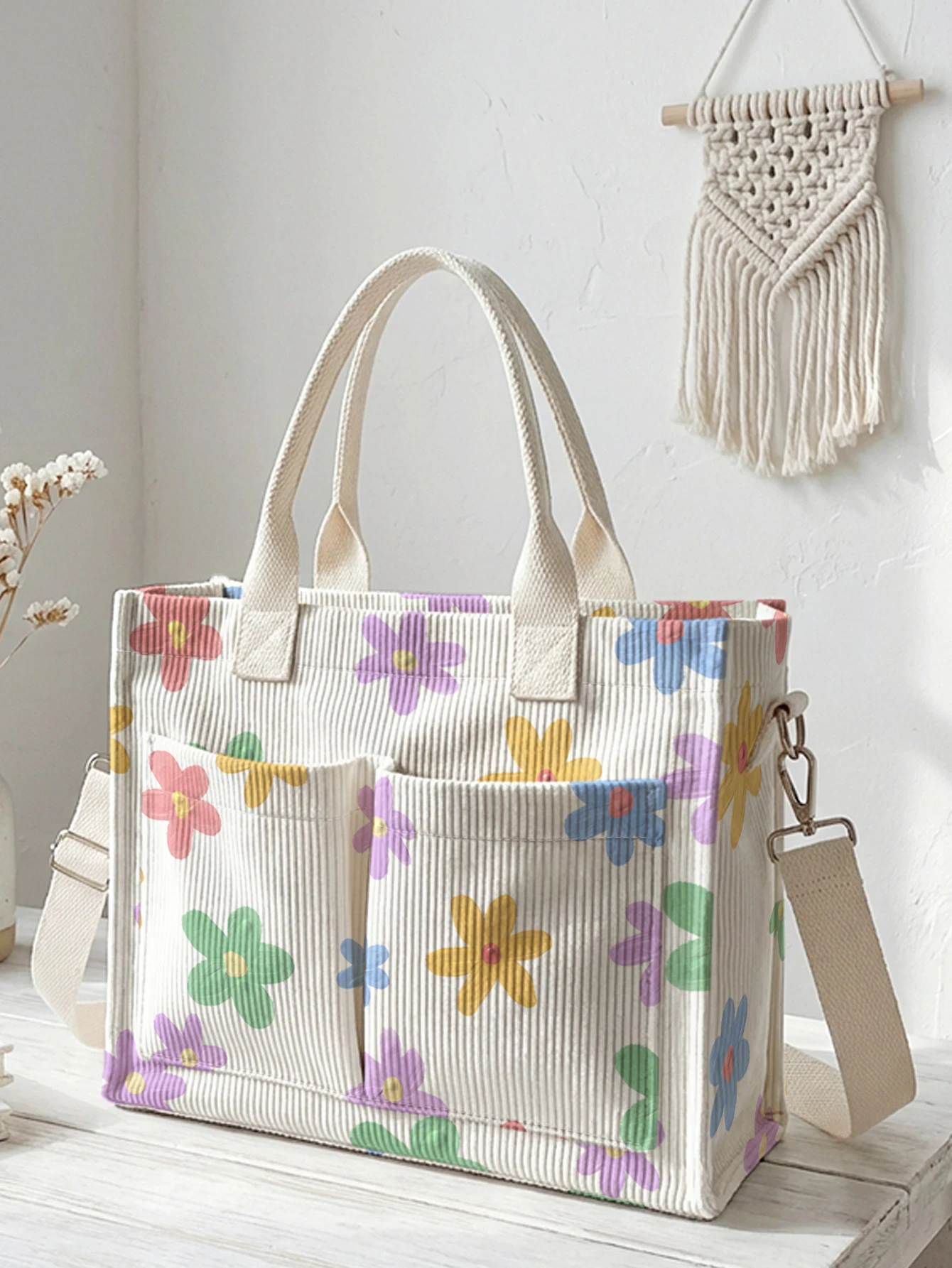 Bolso de mano de pana con estampado de flores de margaritas coloridas, gran capacidad, con múltiples bolsillos, bolso de hombro para niñas