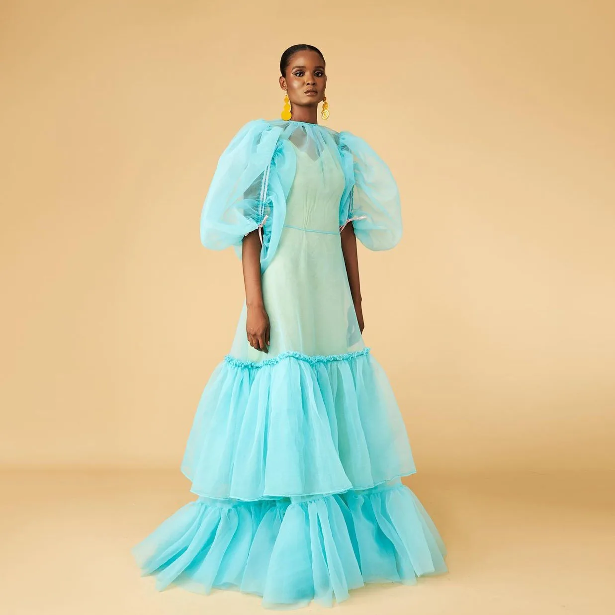 Couture Elegant Sky Blue Organza Long Women Maxi Dresses Half Puff Sleeves Tiered Bottom Female Party Gowns