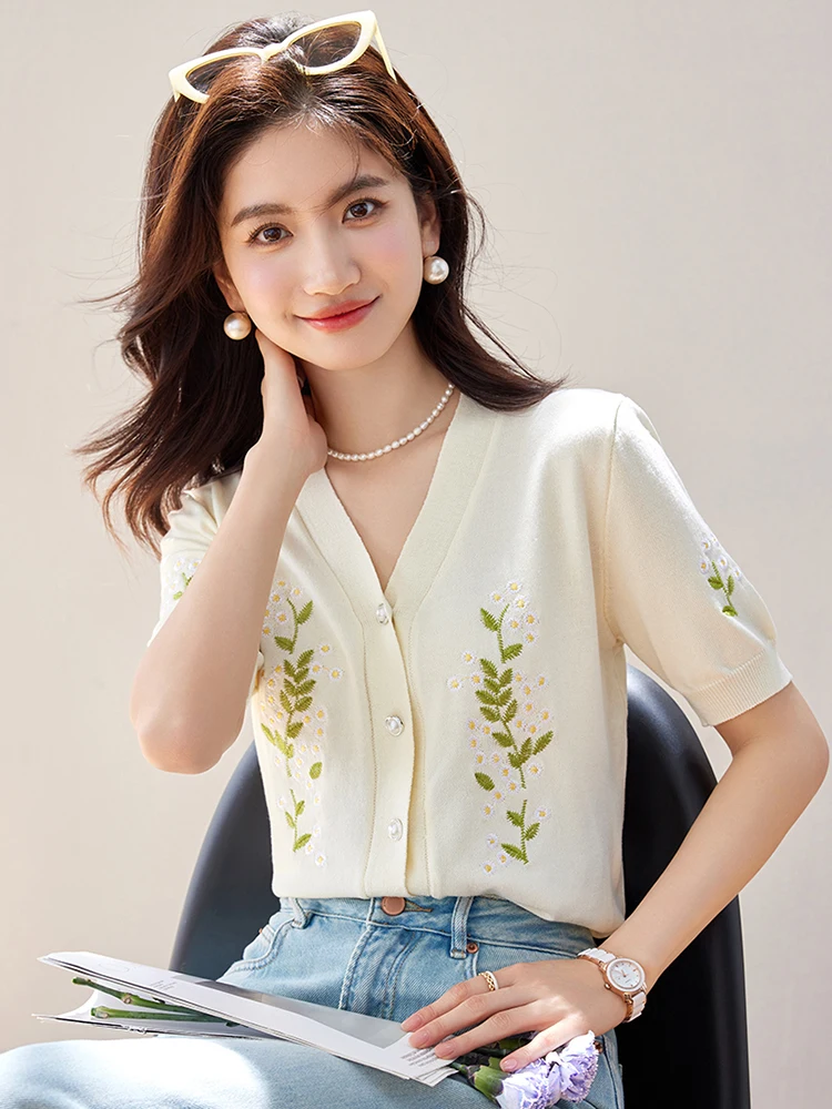 2024 Summer New Embroidery Knitted Cropped Cardigan Women V-neck Single Breasted Short Sleeve Sweater Casual Knitwear Tops