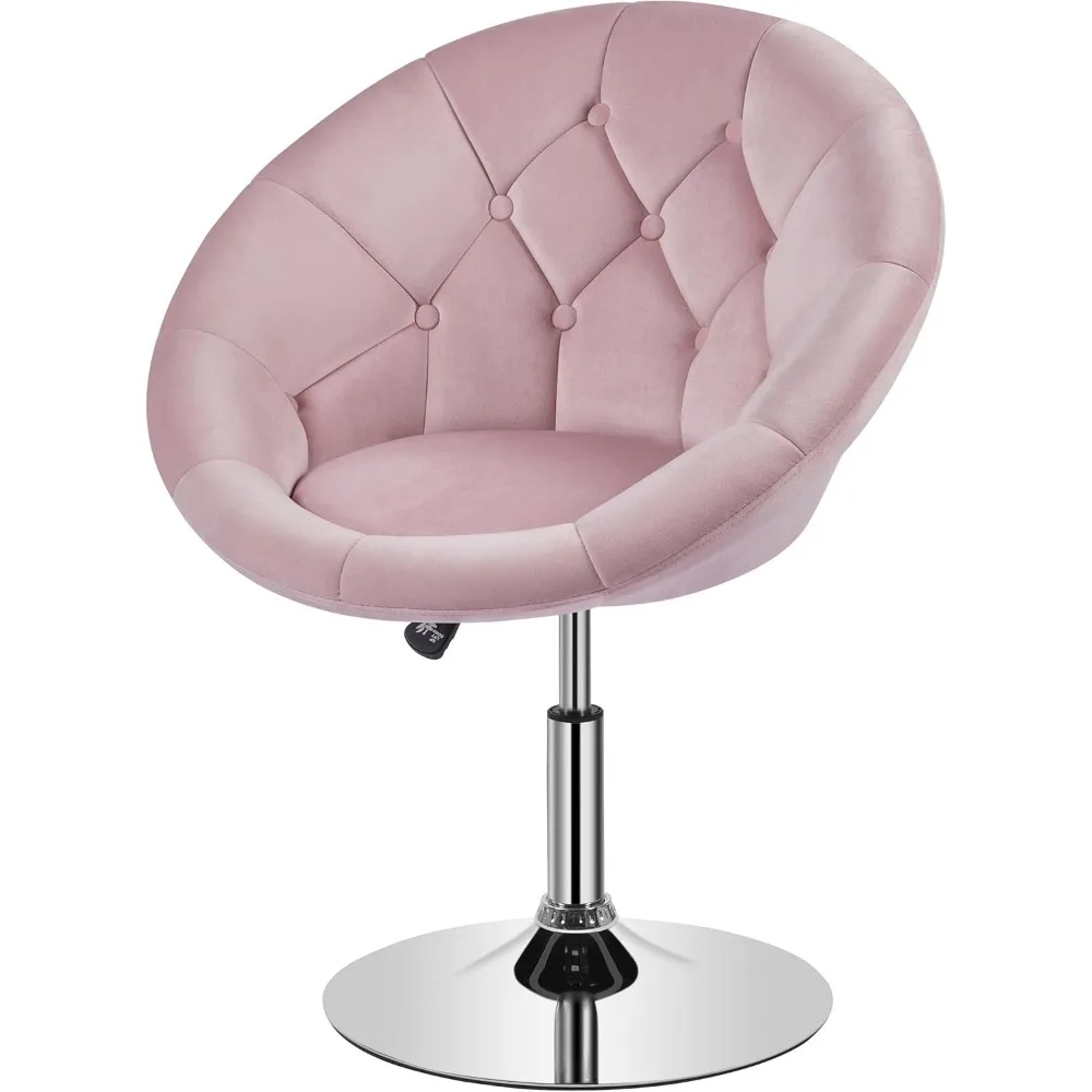 Velvet Makeup Vanity Chair Height Adjustable Accent Tufted Chair Stool Round Upholstered Swivel Barrel Chair, Pink