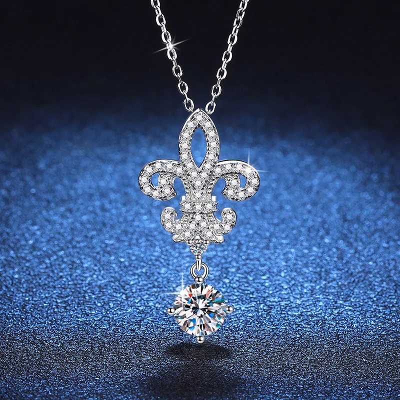 s925Sterling Silver Pendant Moissanite Necklace Crown Queen Flower-De-Luce High-Grade Sense1CaratDColor Diamond Necklace