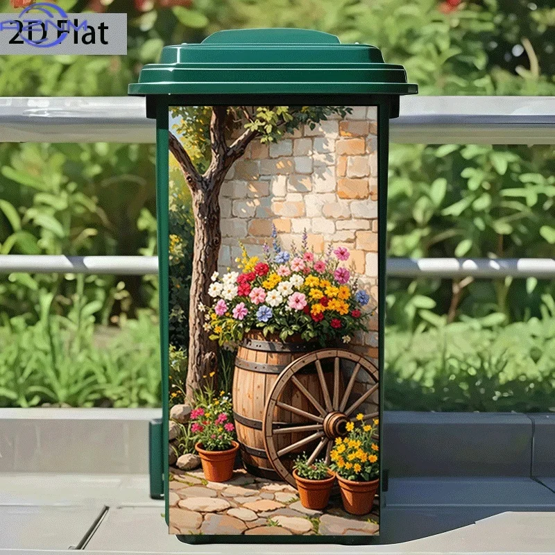 2D Flat Printing 1pc Trash Can Sticker 37×82cm, Flower Bin and Stone Path Themed Design, Self-Adhesive Kitchen Trash Can Decor