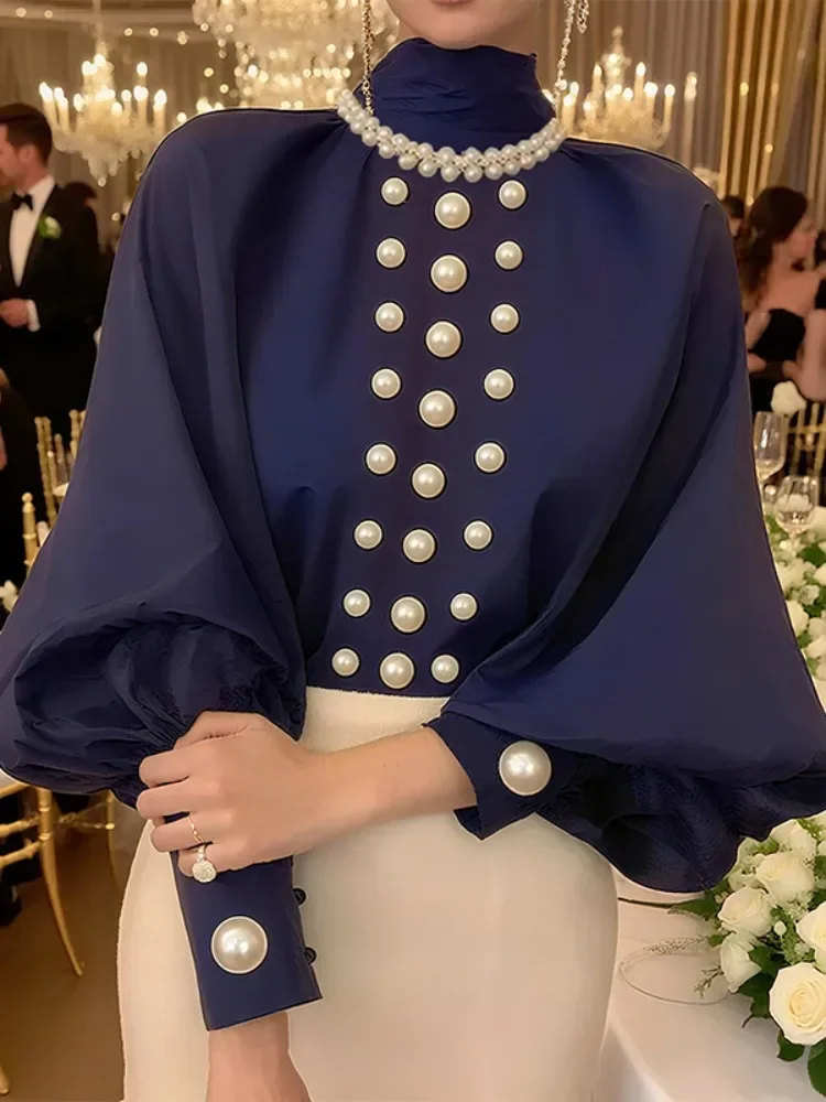 

Женская рубашка, новинка 2025, женская рубашка с жемчугом, топ с высоким воротником и пышными рукавами, элегантная блузка для женщин, вечерняя одежда, топы