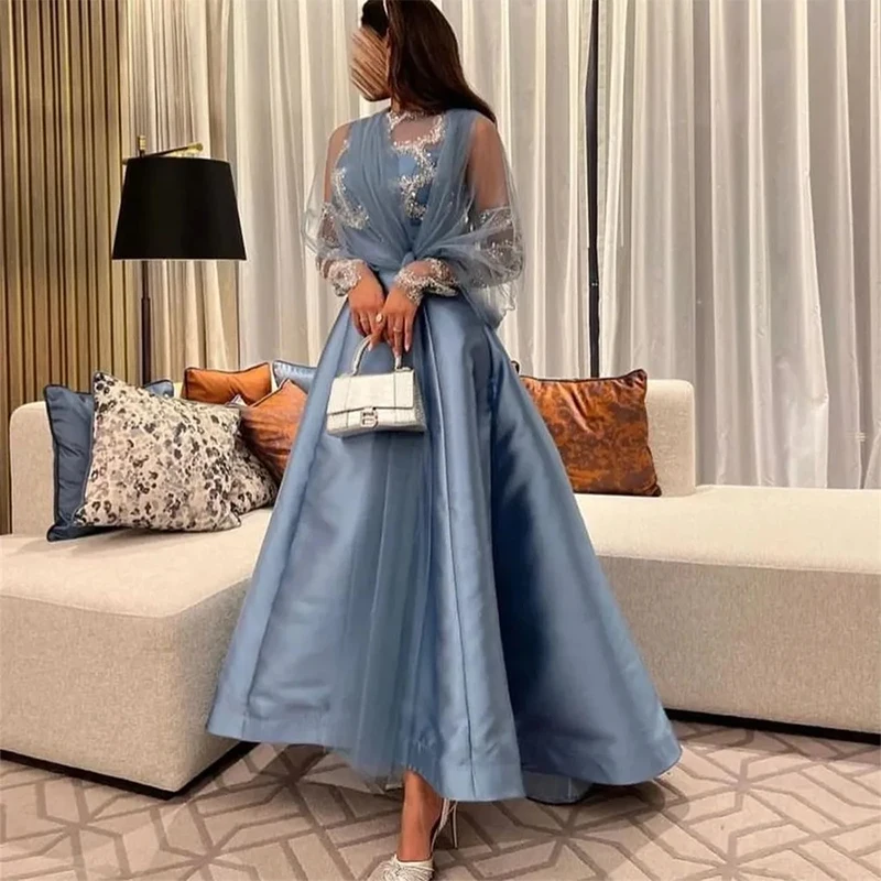 Blauw Prachtige avondjurken met ronde hals, elegante pailletten, lange mouwen, gaas, kralen, A-lijn galajurken op maat