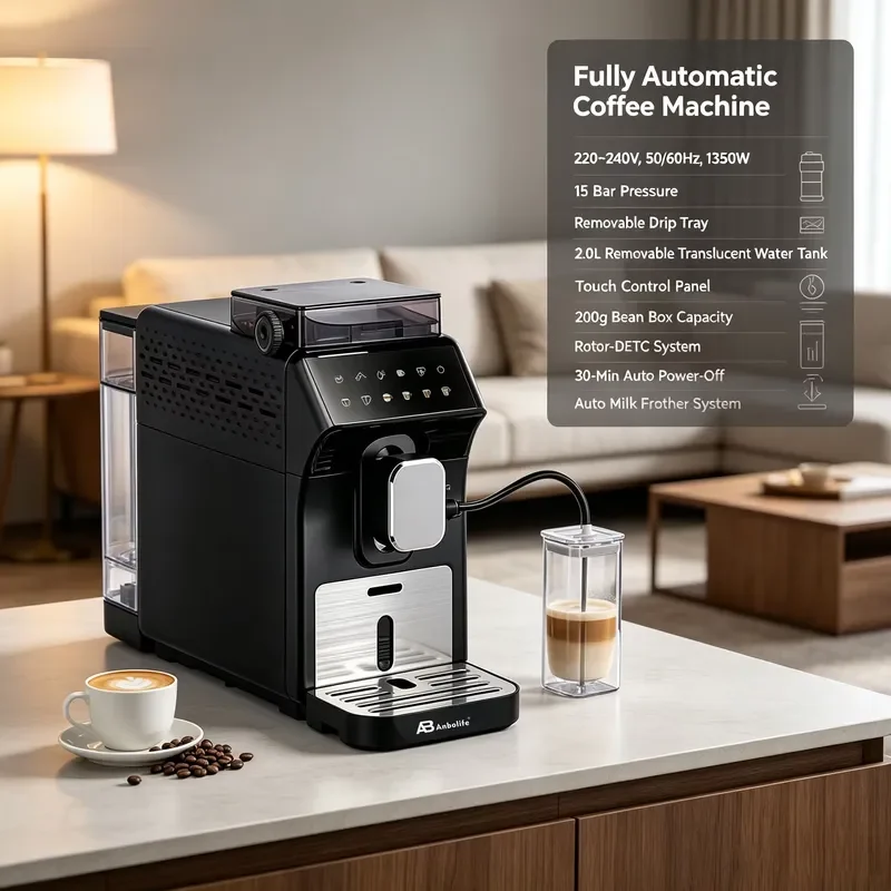 Anbolife Fully Automatic Coffee Machine 15 Bar Built-in Grinder with Patent Rotor-DETC System, Automatic Milk Frother System