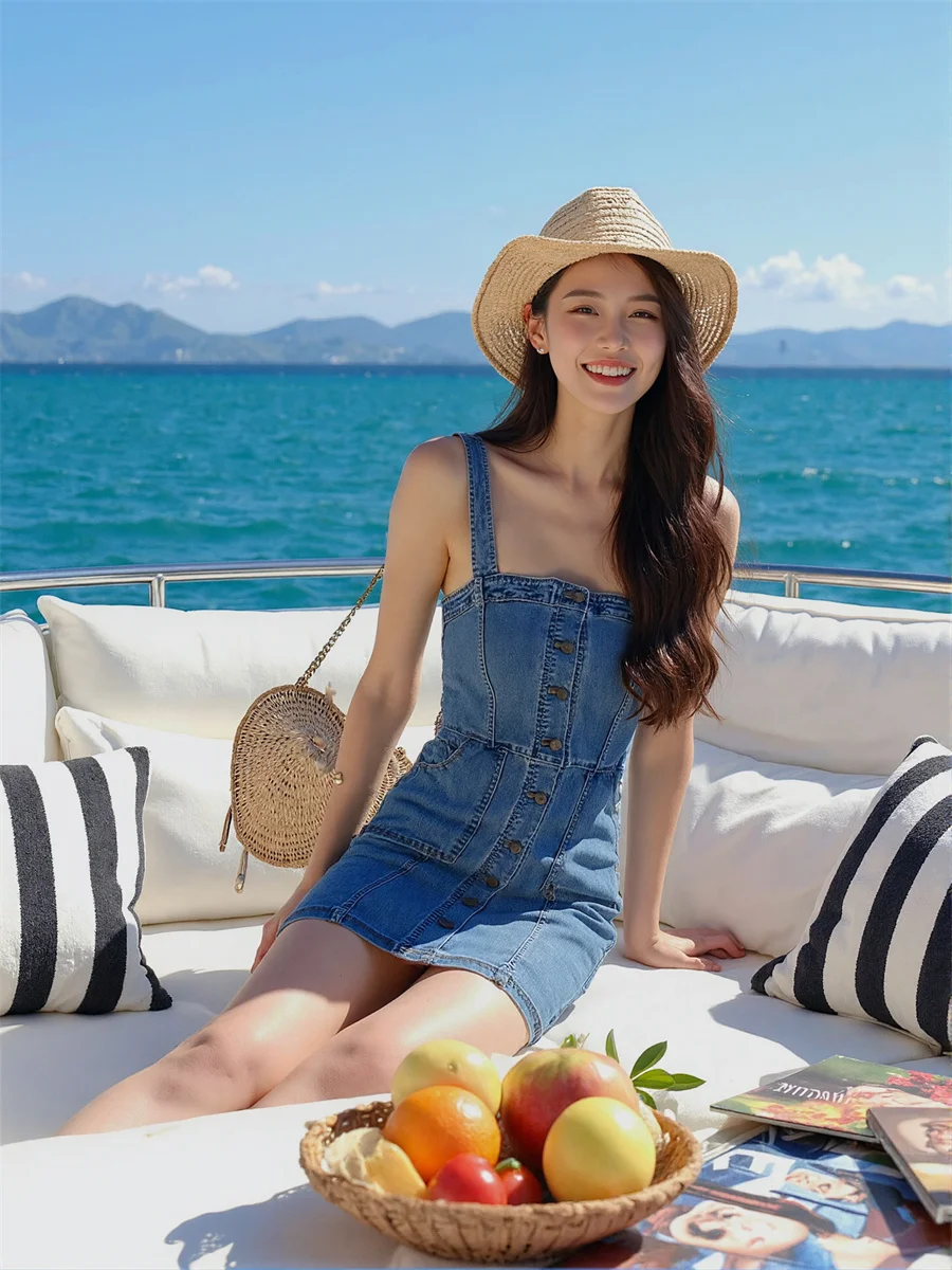 Women'S Dress Y2K Vintage Square Collar Denim Side-Slit High-Slit Thigh-High Splited Splits Splitting Slits Cut-Out Cutout