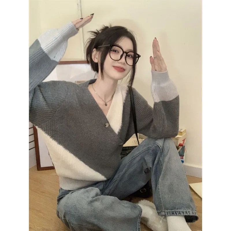 

Korean Fashion Women's Sweater Oversize Winter Knit Jumper Long Sleeve V-neck Pullovers Patchwork Grey Sweaters Aesthetic