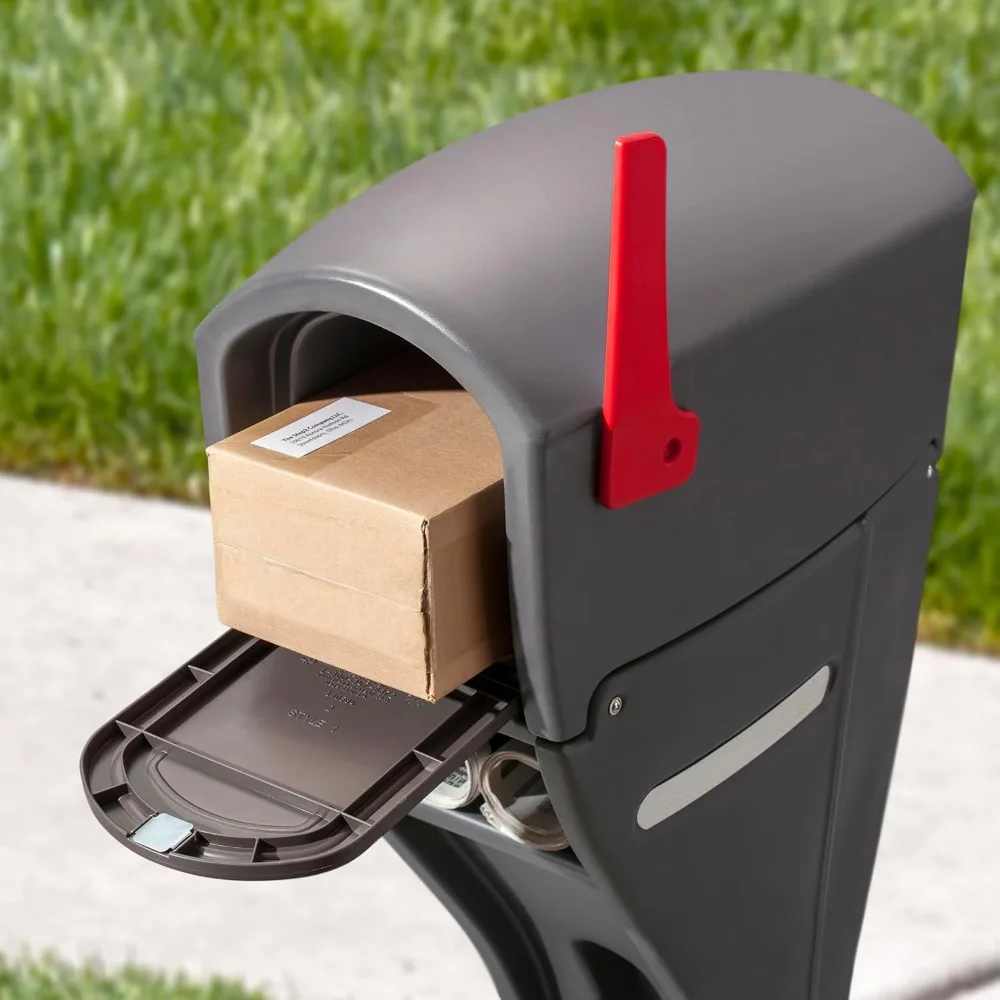 Mailbox & Post, Weather Resistant, Large Outdoor Mailboxes, Made of Durable Plastic, Easy to Install, Flag Included, Gray