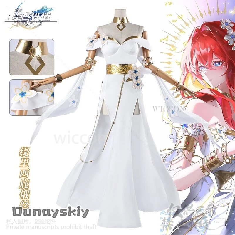 Tribios تأثيري أنيمي لعبة هونكاي: ستار السكك الحديدية زي اليونانية الرجعية فستان أبيض لوليتا الأحمر طويل الباروكات للفتيات امرأة كوس موحدة
