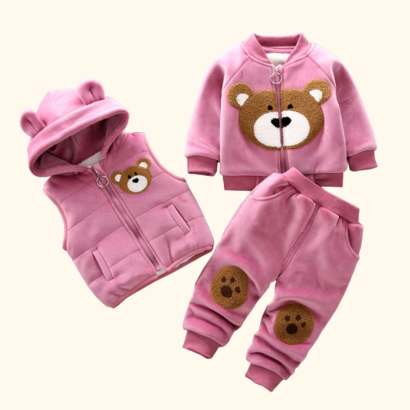 Autumn Winter Children Clothing Sets Baby Girl Cartoon Thick Fleece Hoodies Vest Pants 3pcs Sports Suits Boy Casual Warm OUtfit