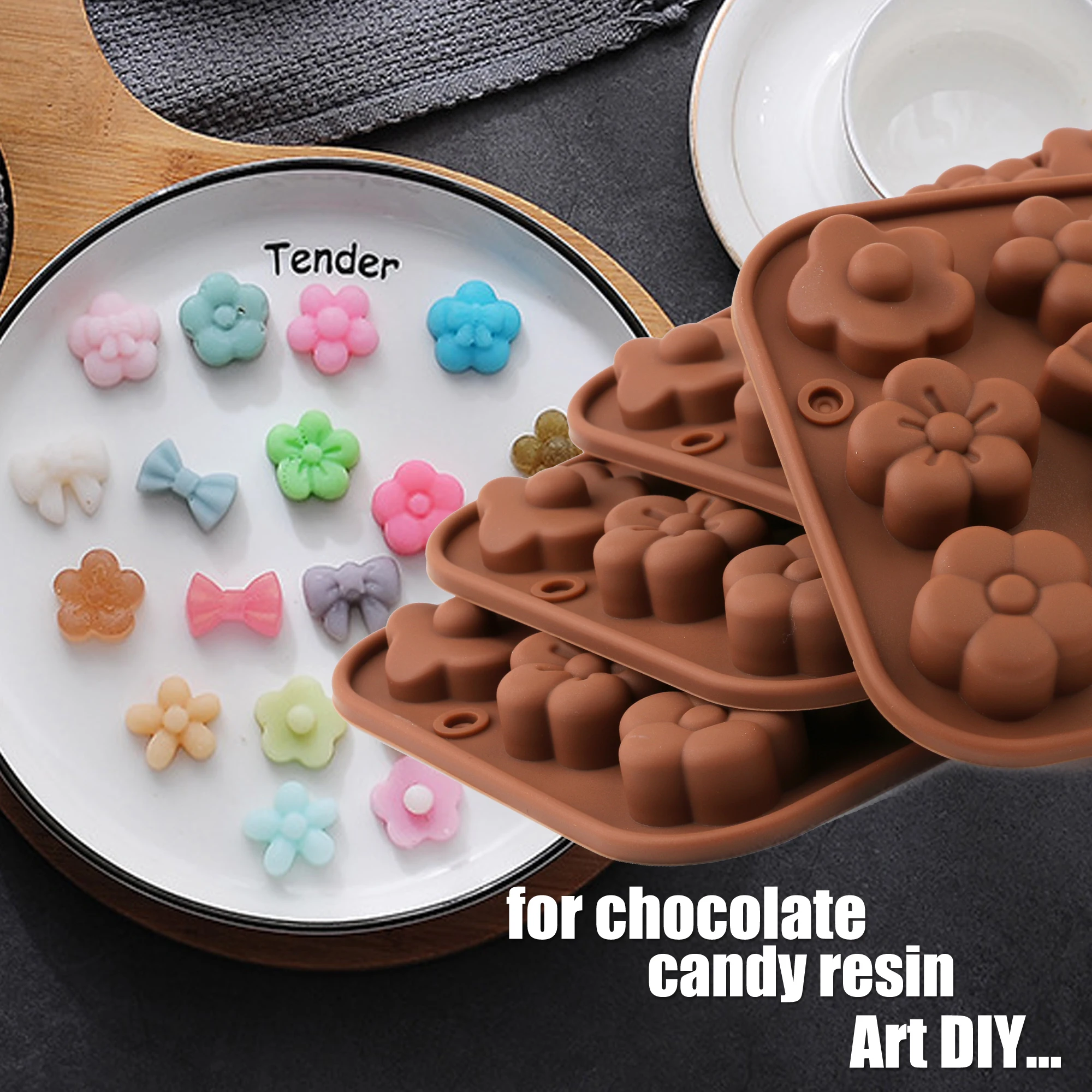 4Pack Brown Silicone Chocolate Candy Mold with Flower Butterfly Knot Shapes Cute Baking Decoration DIY Cookie Mold Dessert Mold