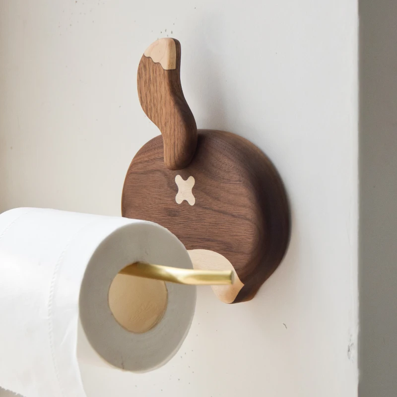 Solid wood dog butt paper roll holder Metal hook Animal modeling bathroom Toilet accessories Self provided adhesive is required