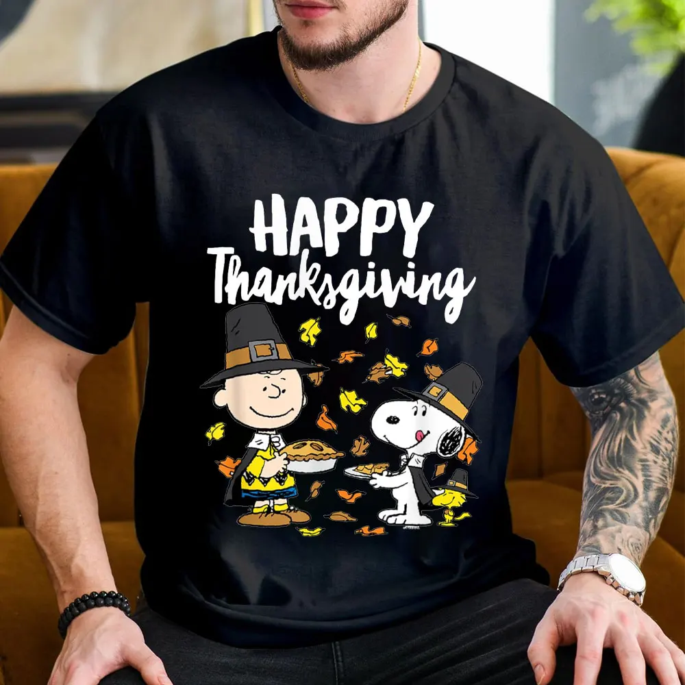 Funny Happy Thanksgiving Charlie Snoopy Woodstock T-Shirt High Quality Cotton Tee Y2k Clothes O-neck Short-sleev Men Clothing