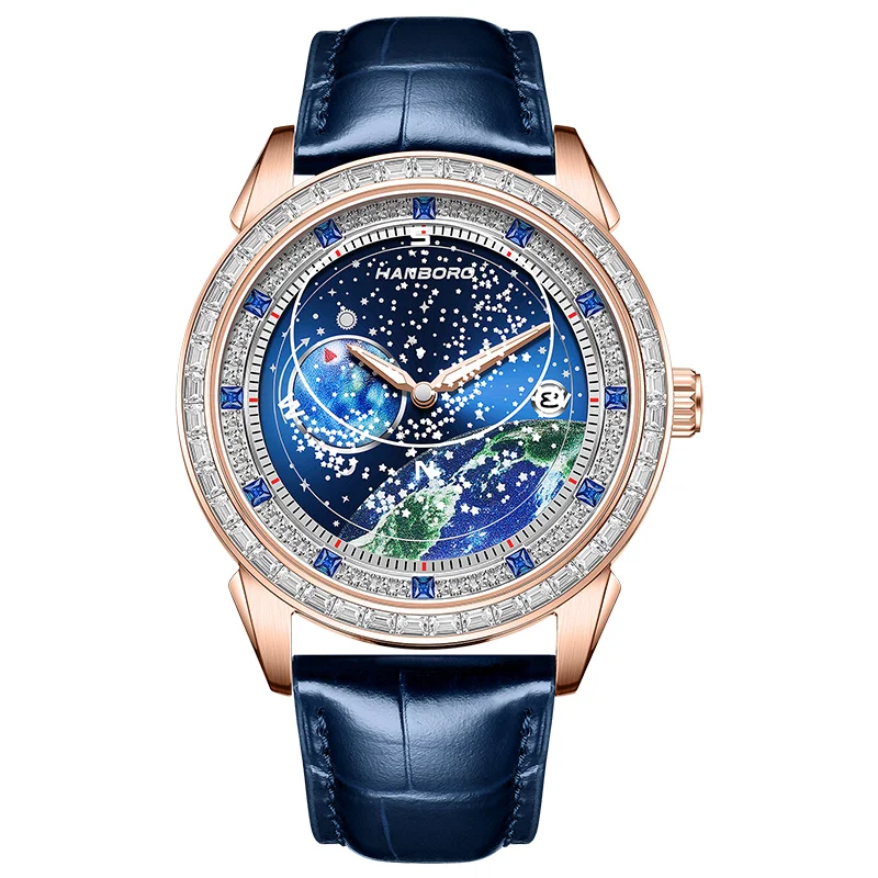 

Мужские часы HANBORO Starry Sky, автоматические механические часы с луной для мужчин, роскошные мужские часы с календарем, 24 часа