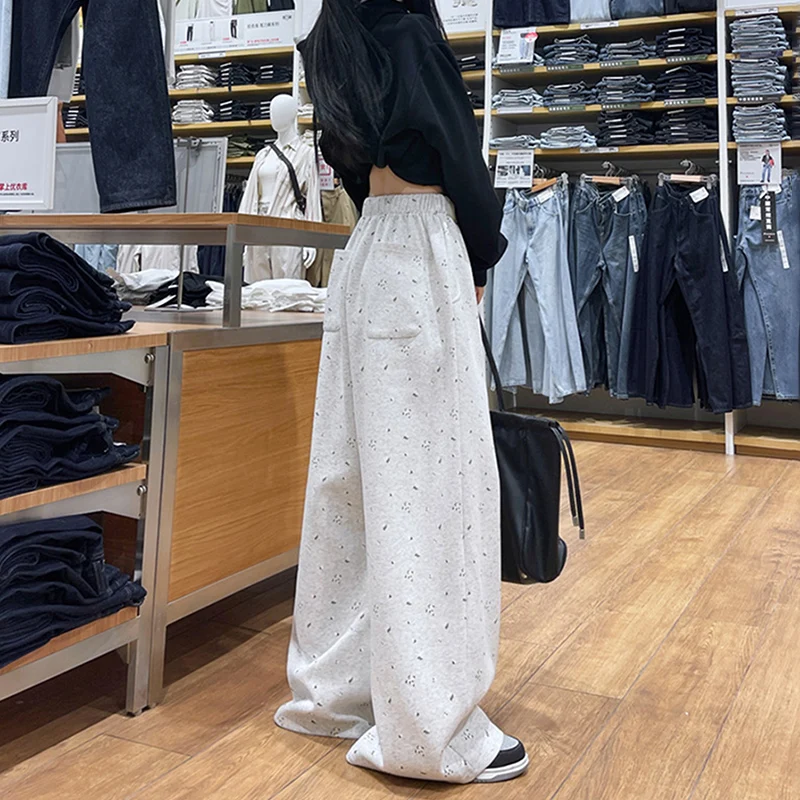 Harajuku floral cinza sweatpants feminino outono inverno estilo preguiçoso cordão perna larga calça coreano contrastante streetwear