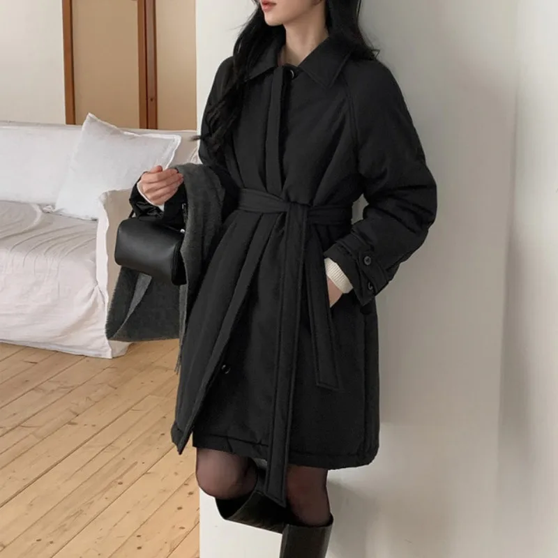 

Korean Sle Chic Early Spring New Faionable Belted Warm Mid-Length Cotton Coat Women's Outerwear Polyester Fiber 00%