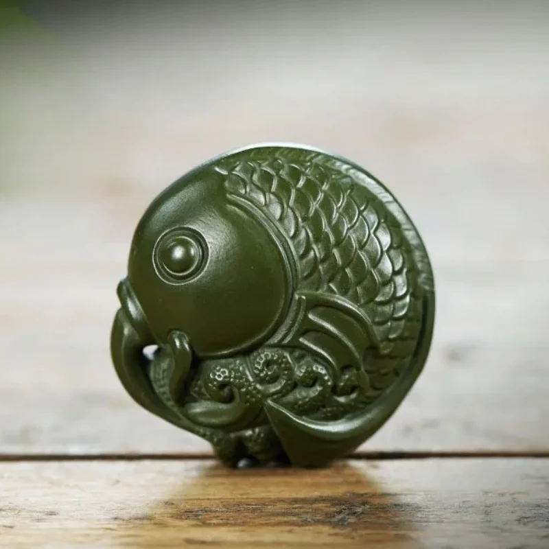 Yixing Zisha Handmade Lucky Fish Figurine Wealth Animal Statue Tea Pet Desktop Collectible Ornament