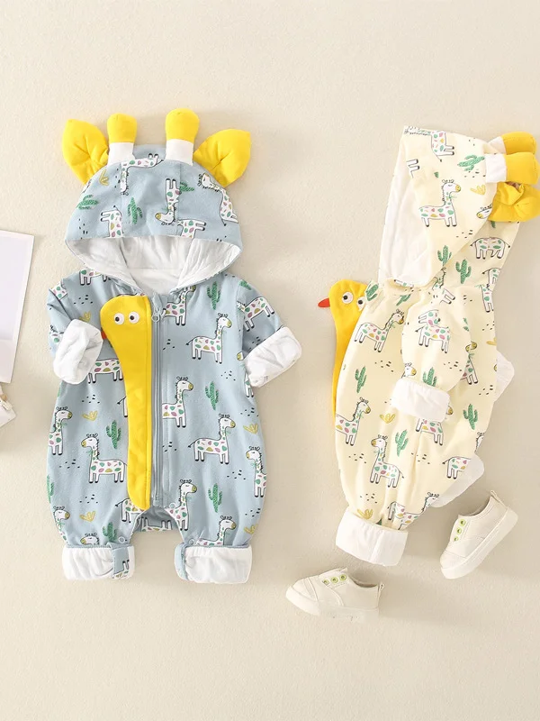 

Весенне-осенний детский комбинезон с капюшоном и длинными рукавами, двухслойный, с высокой талией, хлопковые штаны