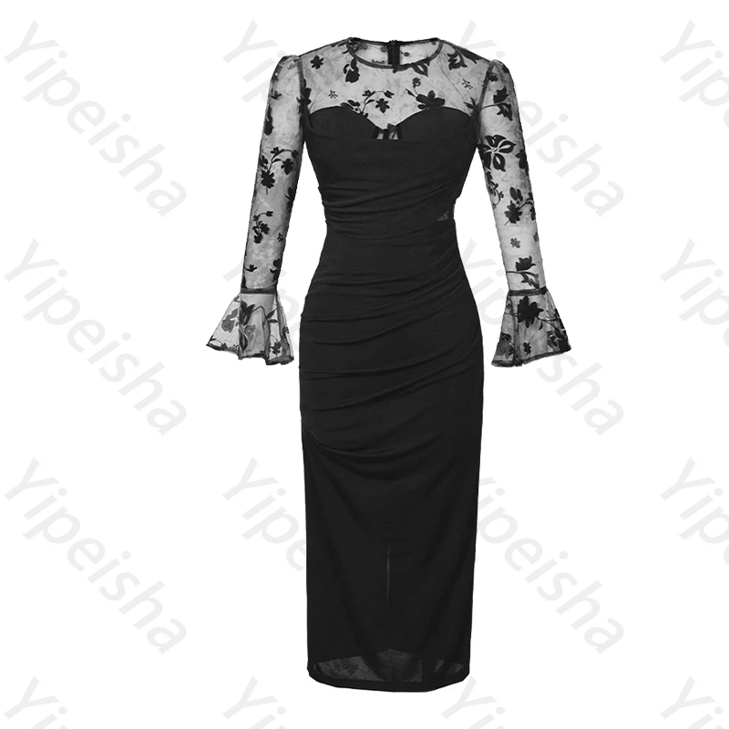 エレガントな O ネック長袖イブニングドレスセクシーなプリーツセレブドレス絶妙な高品質プロムパーティードレス女性カスタマイズ