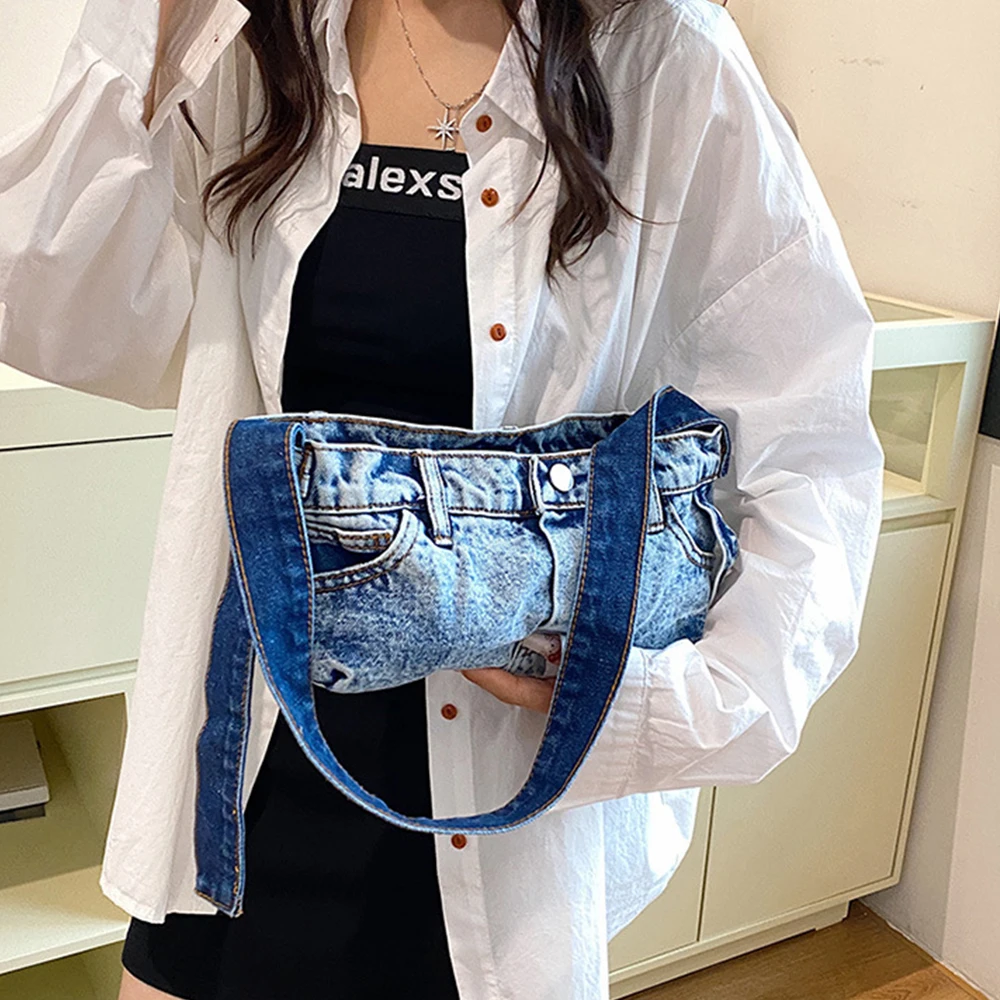 Funny Jeans Design Women Shoulder Bag Fashion Denim Pants Handbags Canvas Wide Strap Crossbody Bags for Women Square Flap Tote