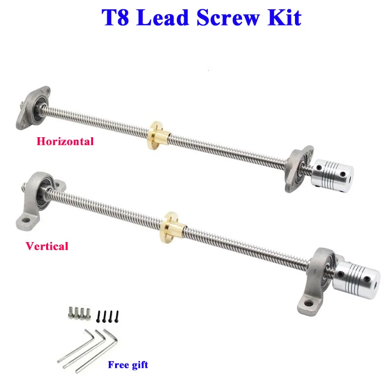 T8 Lead Screw Vertical Horizontal Kit Pitch 2mm Lead 8mm Diameter 8mm 2pcs KFL08 KP08 Bearing 5x8 Coupler for CNC 3D Printer