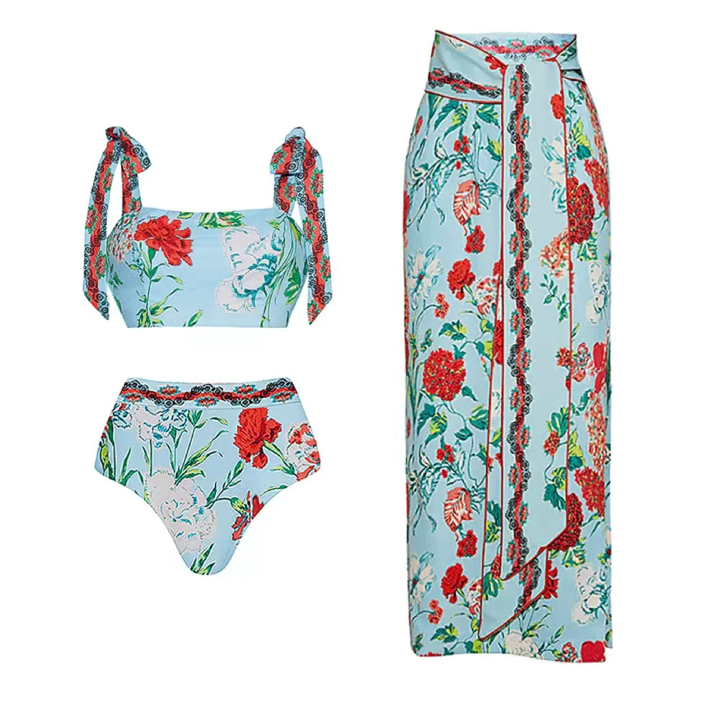 Women's Ruffled One-Piece Swimsuit Puff Sleeve Print Bikini Set Beach Vacation Style Maxi Dress Skirt Swimwear