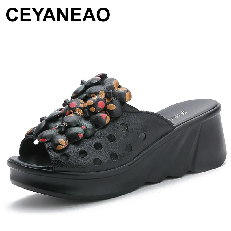 

Ethnic Style Cowhide Slippers For Women In Summer, Thick Soled, Sloping Heel, Straight Drag, Flower High Heels, Cool Drag