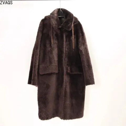 ZVAQS Natural Merino Sheepskin with Wool Attached Coats Reversible Long Real Fur Coat Hooed Woman Clothing Winter Outerwears