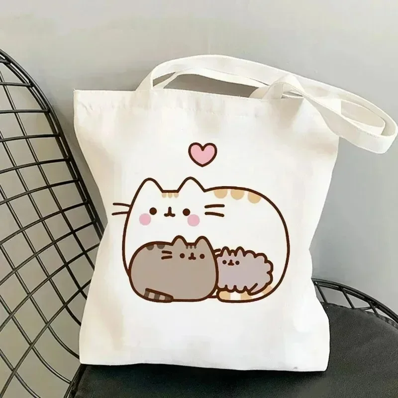 Cute Cat Print Harajuku Canvas Shoulder Handbag Cartoon Women Tote Bags No Zipper Eco Shipping Shopper Bag Causal Girl Handbags