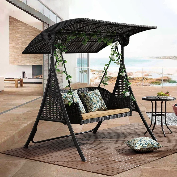 European 2-seat Outdoor Garden Patio Canopy Rattan Wicker Swing Chair For Courtyard And Villa