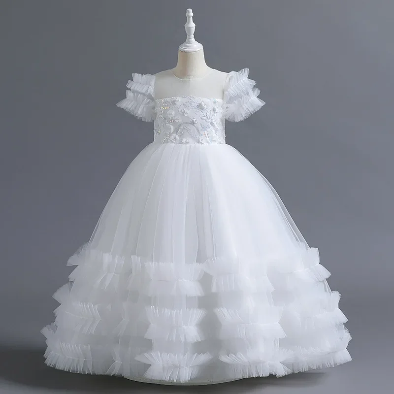 Vestido longo de tule com flores para meninas, vestido de festa tutu elegante, roupas de casamento infantil, 5-14 anos