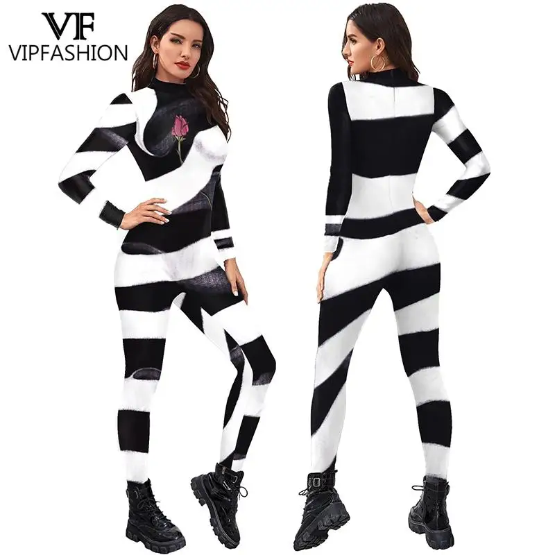 

VIP FASHION Halloween Cosplay Costumes for Women Sexy 3D Striped Print Slim Bodysuits Catsuit Bodycon Jumpsuit Fancy Dress