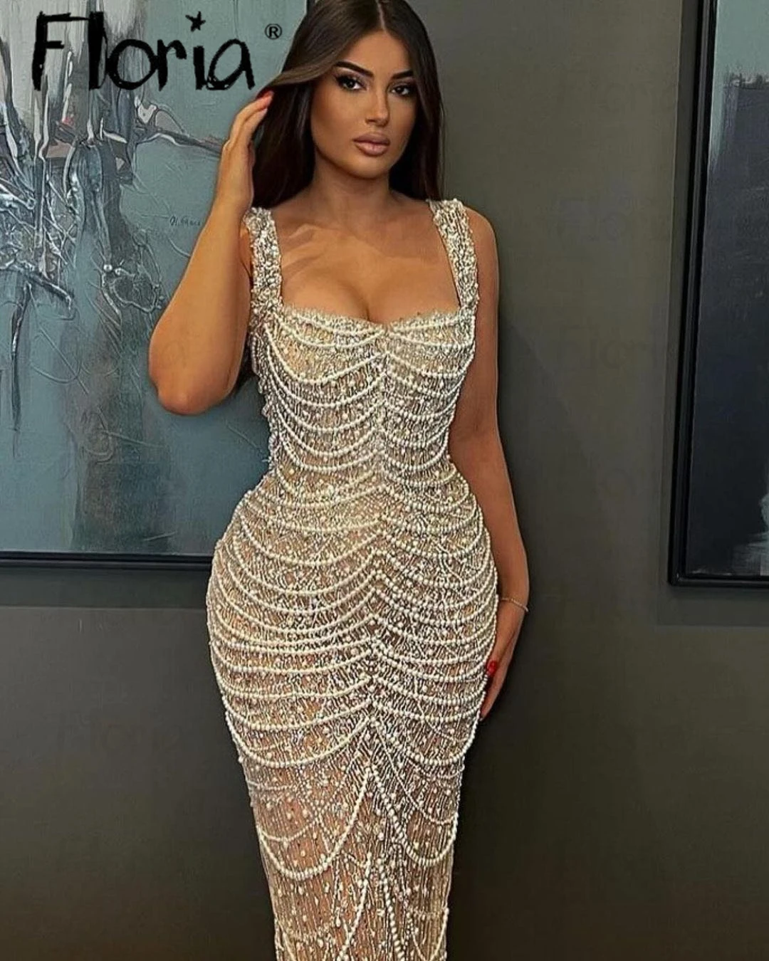 Full Ivory Pearls Evening Dresses Strapes Mermaid Celebrity Prom Dress Robes De Soiree Arabic Dubai Wedding Party Gowns Custody