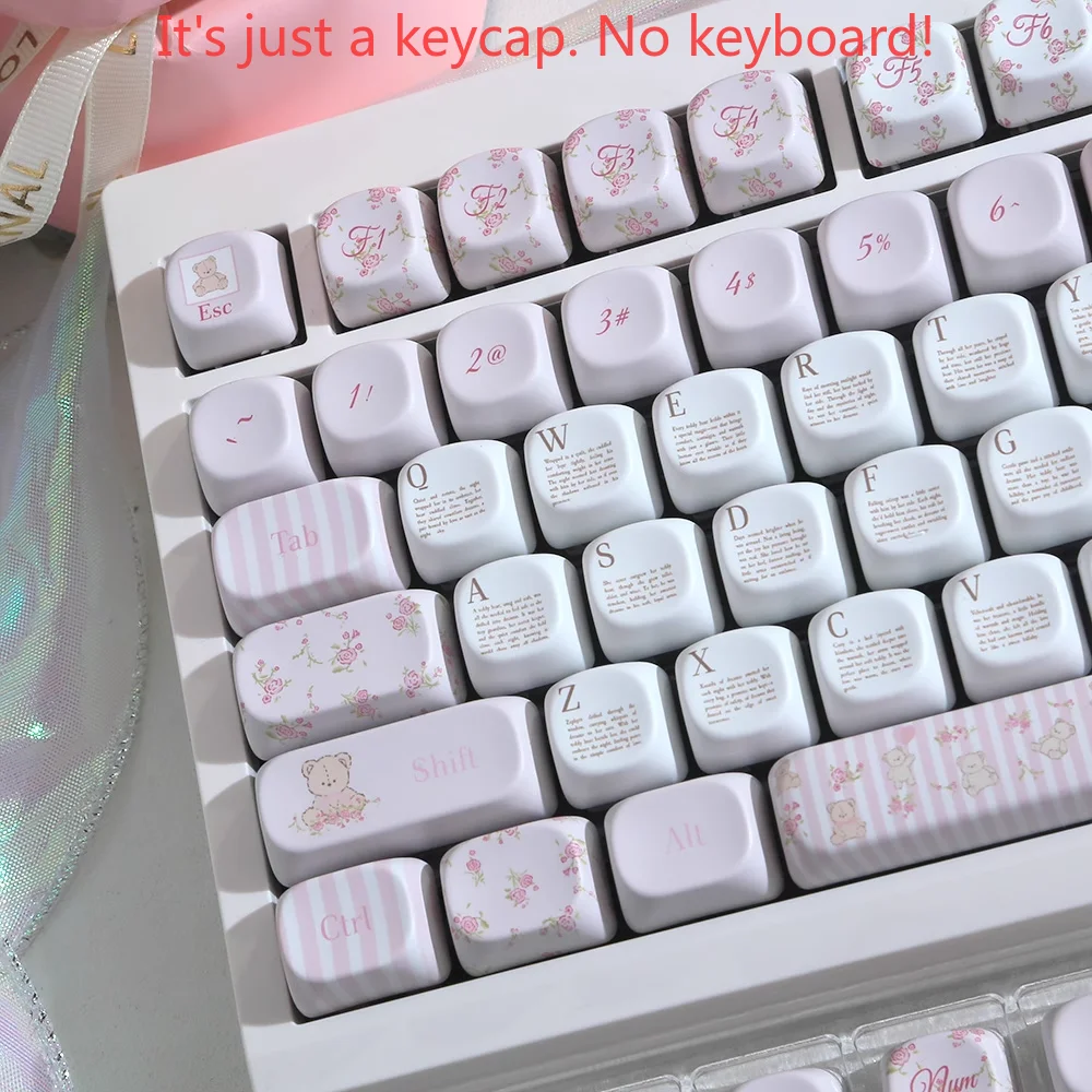 Little Bear Flower Cambodia MOA Cherry Pink White Keycap Set PBT 124 Key Cute Cartoon Keycap Suitable for MX Mechanical Keyboard