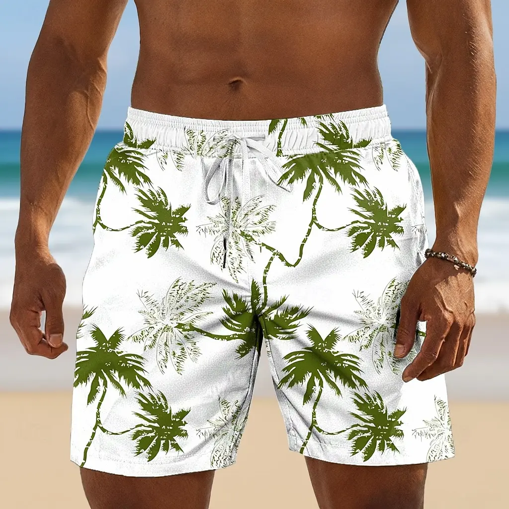 Men's Tropical Coconut Tree Print Shorts, Elastic Drawstring Mid Waist Side Pockets Spring Summer Hawaiian Beach Daily Wear
