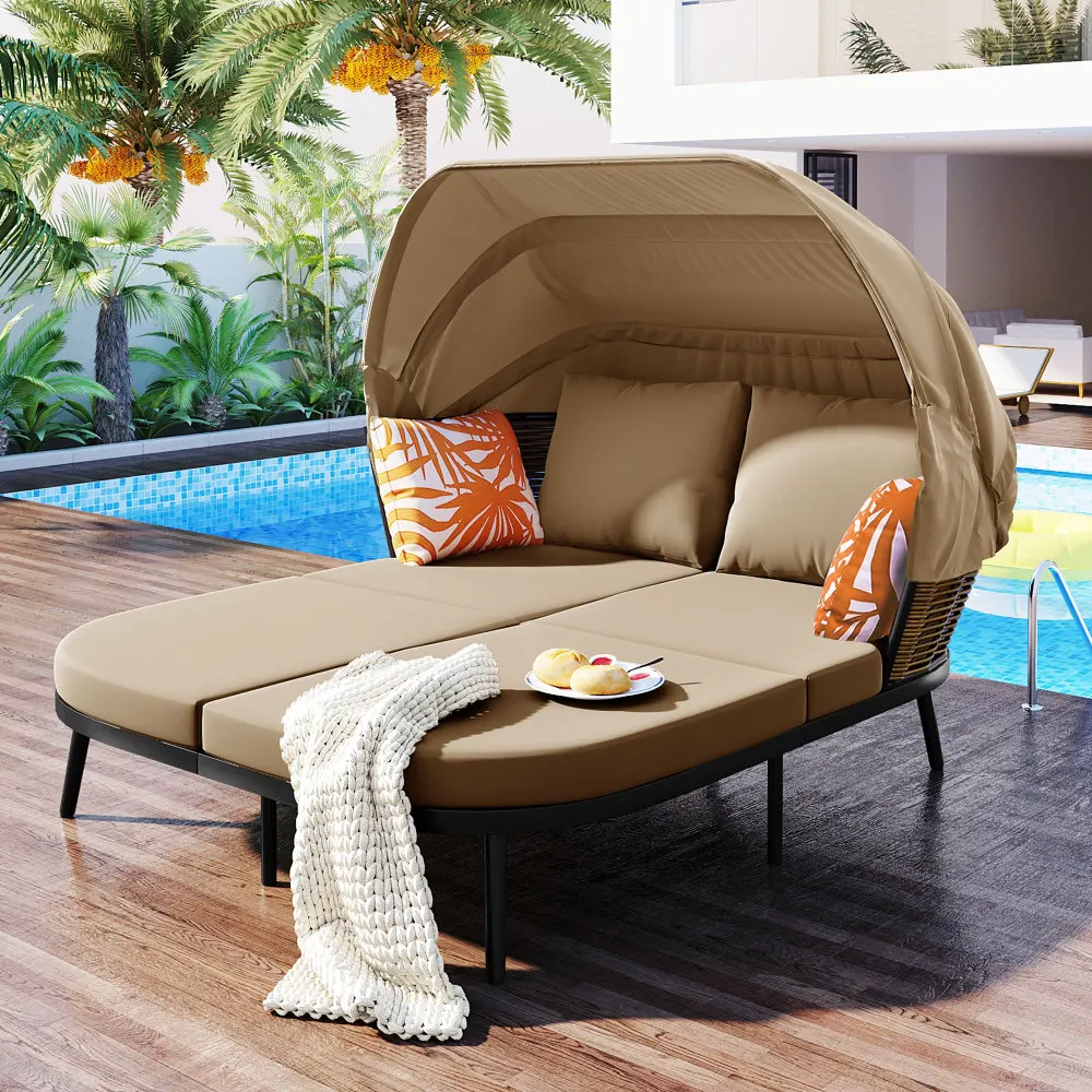 

74.8" L Patio Daybed with Retractable Canopy, Outdoor Rattan PE Wicker Back Loveseat Sofa Set for Backyard Poolside Garden Brown