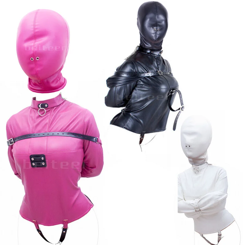 PU Leather Straitjacket Bondage Hood Mask BDSM Roleplay Clubwear Dog Cosplay Headgear Body Bondage Sex Toy for Women and Men