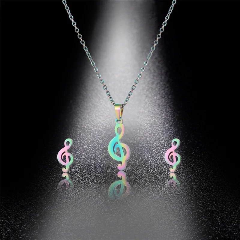 Hip Hop Stainless Stee Musical Note Jewelry Set For Girls Tragus Piercing Earring Necklace Pendant Clavicle Chain Choker