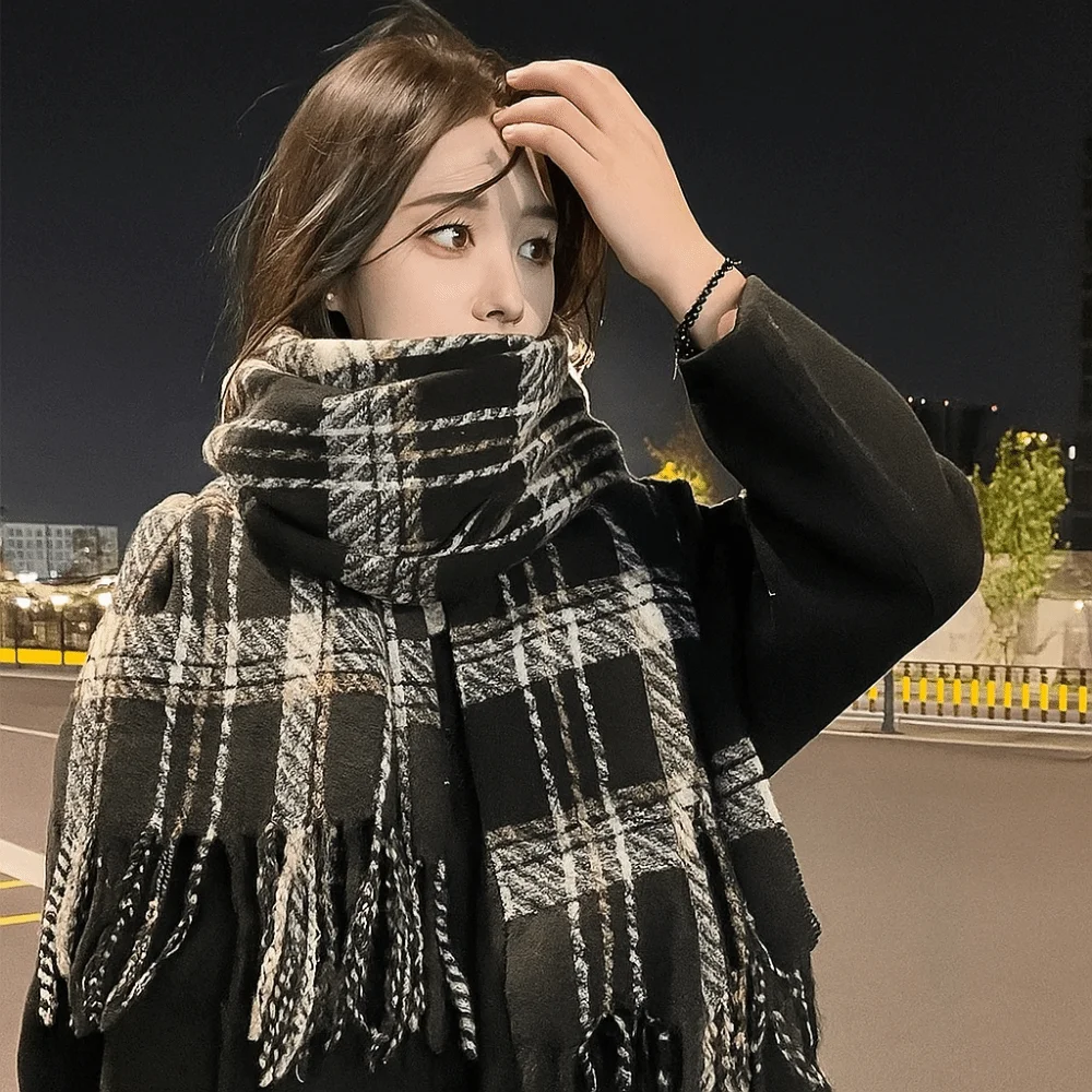 

Retro Pashmina Plaid Wool Scarf Plush Thicken Winter Cashmere Scarves Warm Korean Style Long Shawl Women/Men