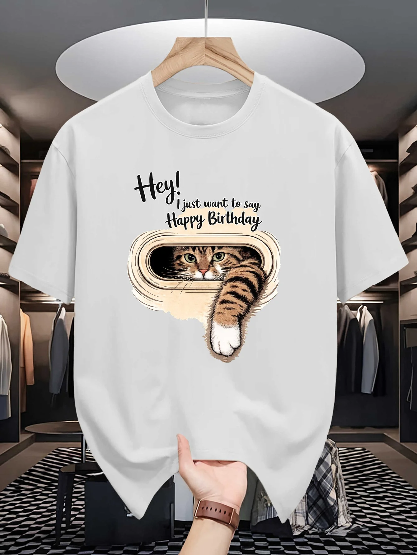 Happy Birthday Peeking Cat Graphic Mens Crew Neck T Shirt Funny Kitten Print Soft Loose Casual Street Tee For Cat Pet Lovers