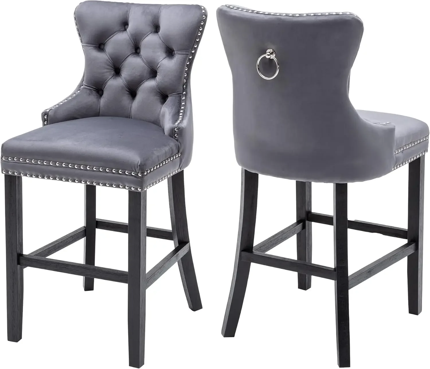 Bar Stools Set of 2, Velvet 26 Counter Height Stools with Button Tufted Back Rivet Trim Bar Chairs for Kitchen Island Wood Frame