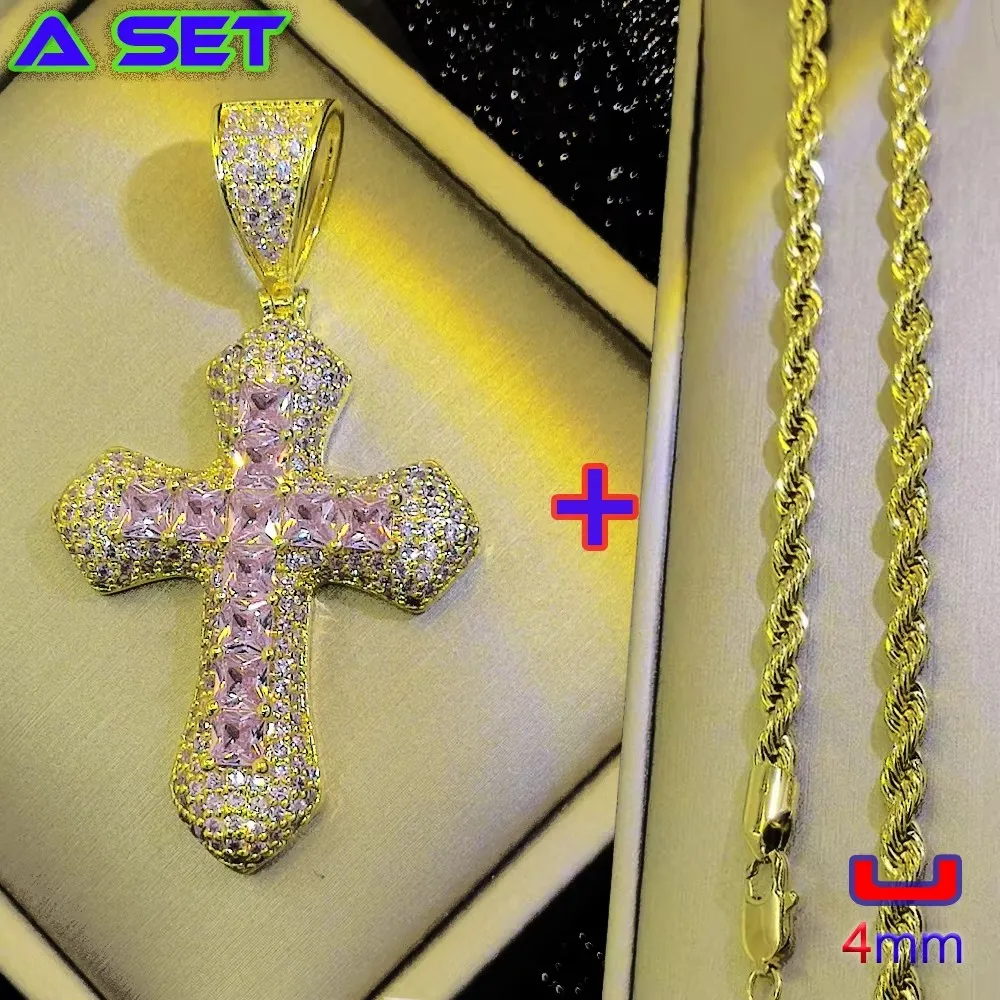 High end new hip-hop necklace, pink crystal diamond inlaid cross gold pendant, top grade 18K gold plated design, trendy boutique