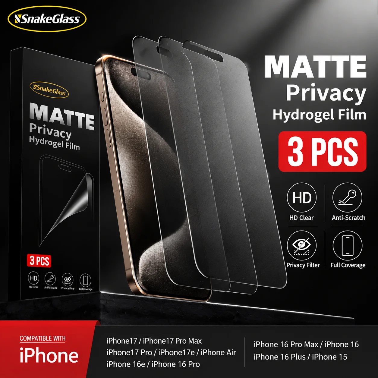 3er-Pack Mattierte Hydrogel-Sichtschutzfolie für iPhone 17 Pro Max, Air 17E, 16, 15 Pro, 14 Plus, 13, 12, 11, XS – Displayschutz gegen Fingerabdrücke