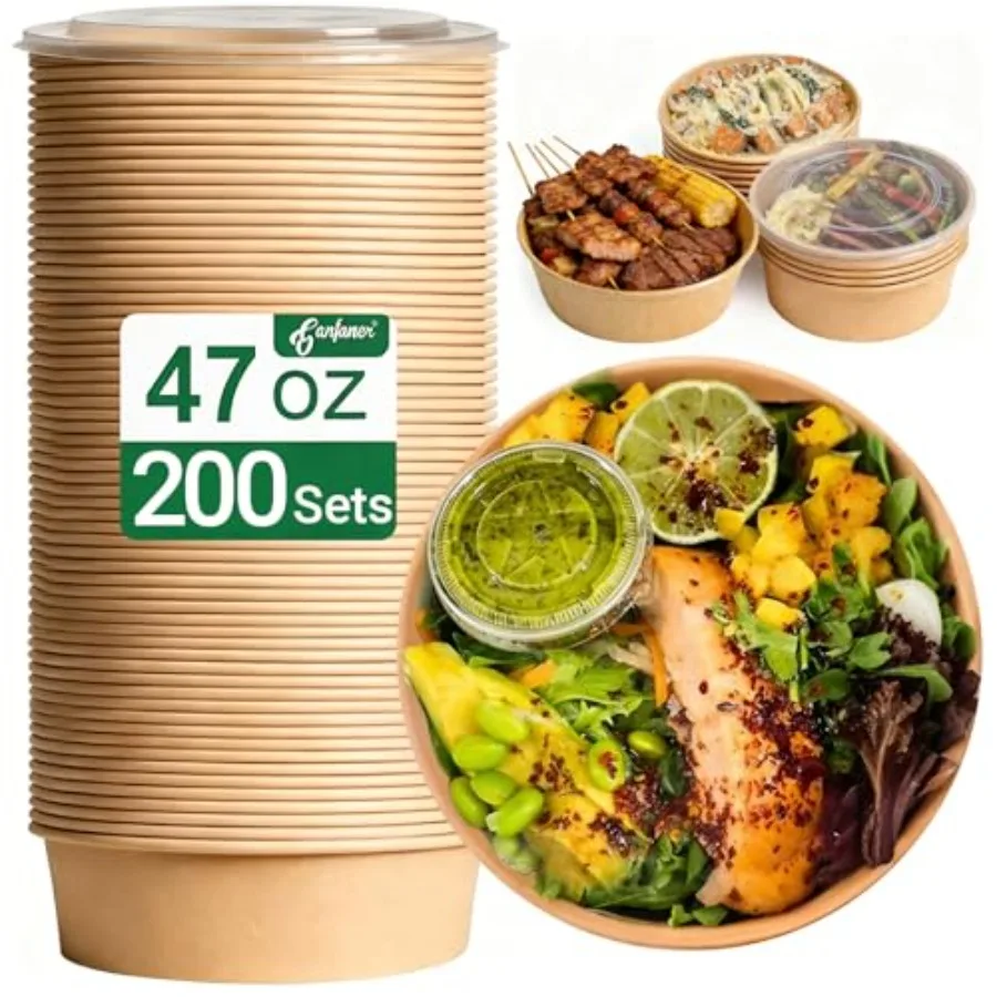 

47oz Disposable Meal Prep Food Container w/Lids, 200 Sets Deli Bowl Paper Box To Go, Sturdy Bulk Pack for Event Restaurant Food